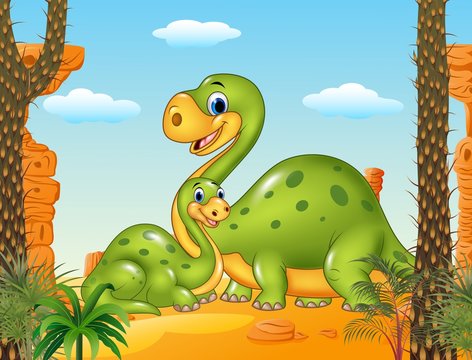 Happy mother with baby dinosaur in prehistoric background