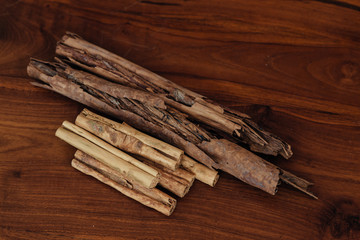 Bunch of cinnamon sticks on wooden table