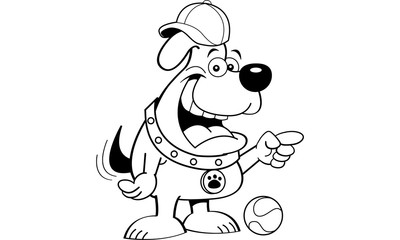 Black and white illustration of a dog wearing a baseball cap and pointing.