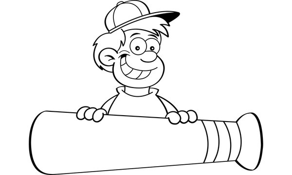 recommend clip art: Black and white illustration of a boy with a baseball bat banner.