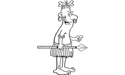 Black and white illustration of a native holding a spear and pointing.