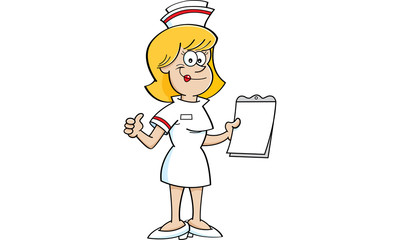 Cartoon illustration of a nurse holding a clipboard and giving thumbs up.