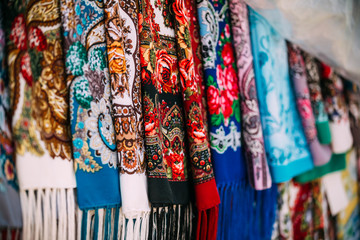 Russian colorfull scarfs and headscarfs. Popular souvenir from R