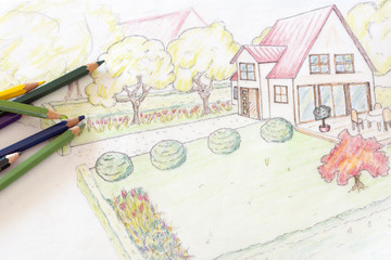 Gartengestaltung, Skizze eines Gartenplans mit Buntstiften