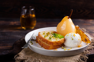 Brioche, cake with poached in wine pear