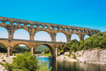 Ancient old Roman aqueduct of Pont du Gard, Nimes, France