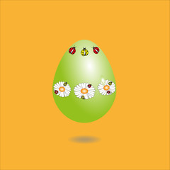 Illustration green egg with daisies
Illustration green egg with white daisies and yellow and red ladybugs  on orange background
