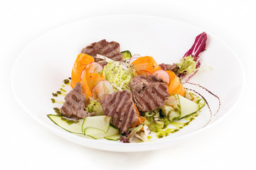 English roast beef with fresh vegetables on white background