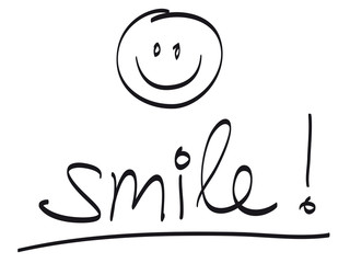 Handschrift: „smile!“ mit handgezeichnetem Smiley / schwarz-weiß, Vektor, freigestellt