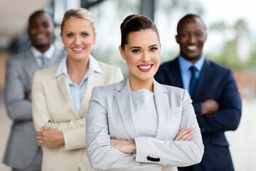 business woman with businesspeople on background