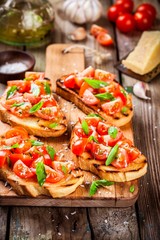 homemade bruschetta with cherry tomatoes and basil