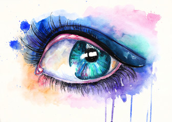 Emerald green realistic eye. Watercolor illustration on textured paper