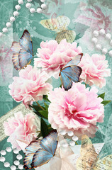 Postcard flower. Congratulations card with peonies, butterflies and pearls. Beautiful spring pink flower.