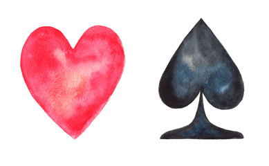 Hearts and Spades. Watercolor illustration on white background