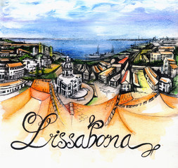 the  panoramic view of Lisbon city watercolor 