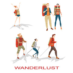 Set of vector illustrations of people hiking in mountains in cartoon style