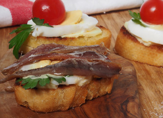 Fototapeta na wymiar Crostini with anchovy end egg - small sandwich