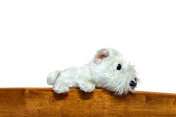 Dog doll on the wooden bed.