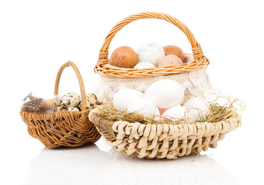 chicken eggs and quail eggs in basket, on white background