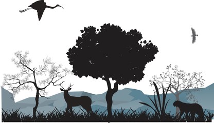 Jungle animals silhouettes vector illustration. Tiger, deer, trees, black silhouettes