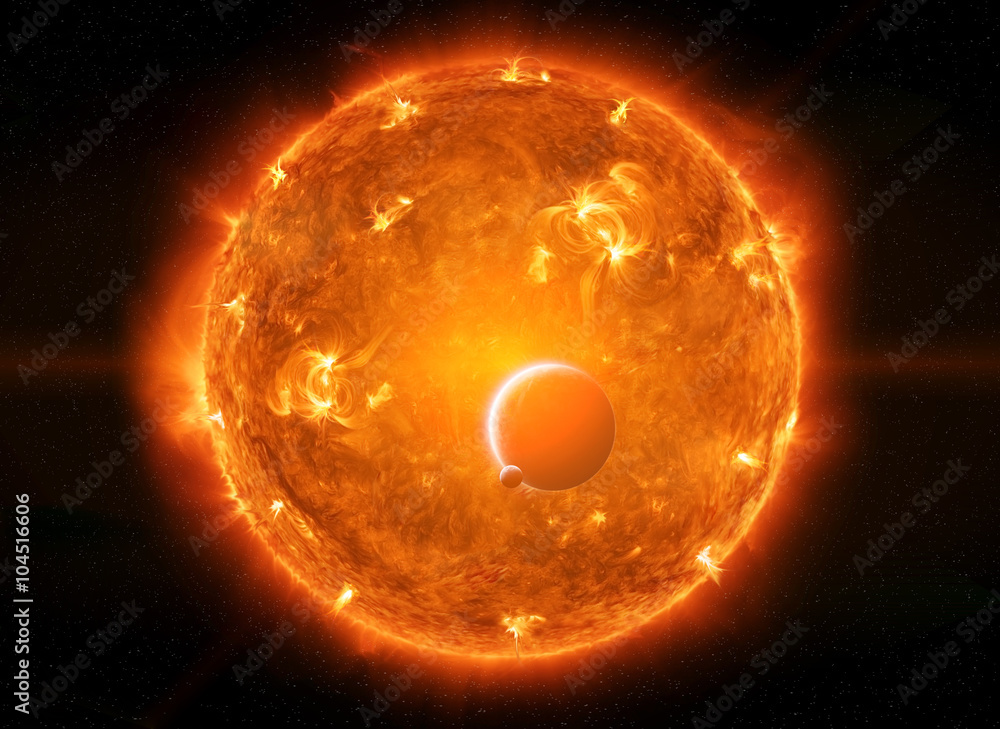 Poster Exploding sun in space close to planet Earth and moon