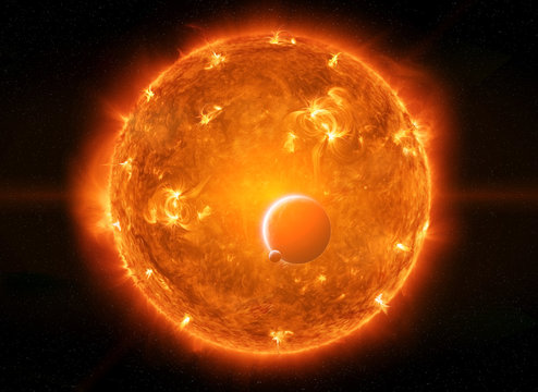 Exploding sun in space close to planet Earth and moon