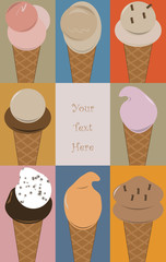 Different flavors of ice cream, with pastel colors and a flat design