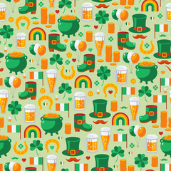 Patrick's Day Seamless Pattern with Traditional Symbols.