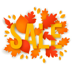 Sale Text with Autumn Colorful Leaves.