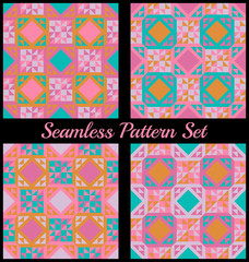 Set of 4 stylish geometric seamless patterns with triangles and squares of pastel colors