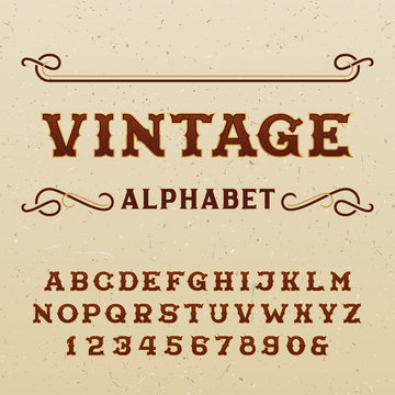 Vintage alphabet vector font. Type letters and numbers in western style  on the distressed background. Vector typeface for labels, headlines, posters etc.