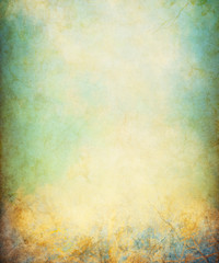 A grunge paper background with cracks and stains.  Image displays a distinct paper grain and texture at 100 percent.