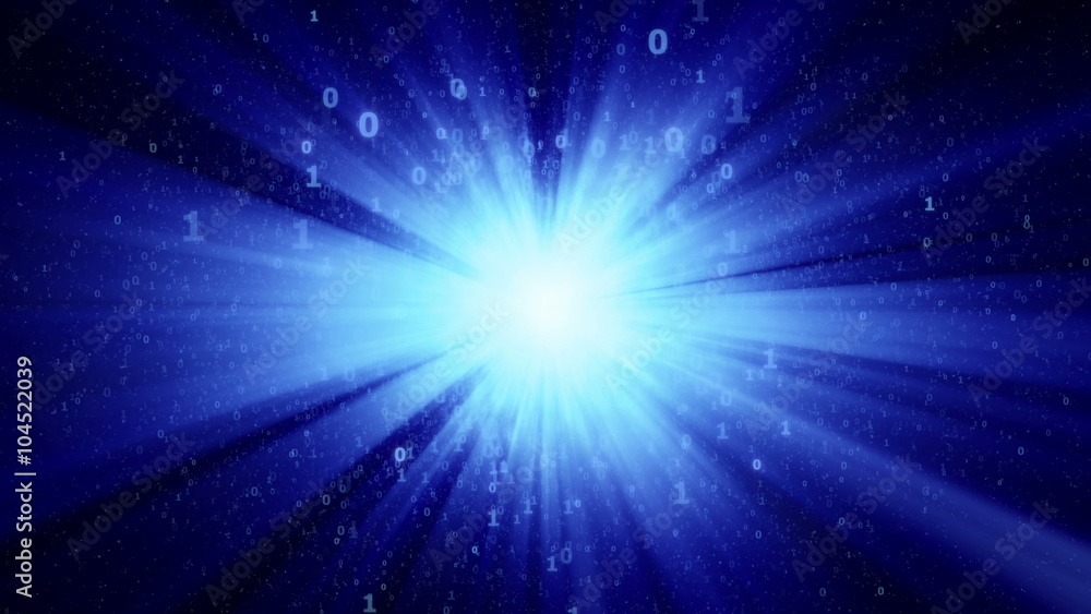 Poster digital binary sun in cyberspace, abstract bright digital star with blue rays - seamless loop
