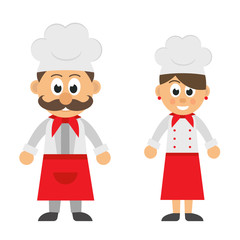 cartoon chef man and  woman in apron 