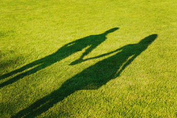 shadow of lover hand in hand in sunset
