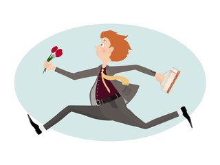 Lover man rush to first date with flowers and cake. Valentine day.