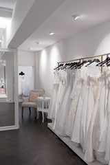 Fototapeta na wymiar bridal shop, wedding dress store, portrait size, corridor to change rooms