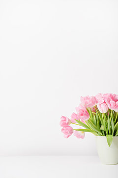  fresh spring pink tulips on white background