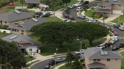 High angle view over a neighborhood having a block party.