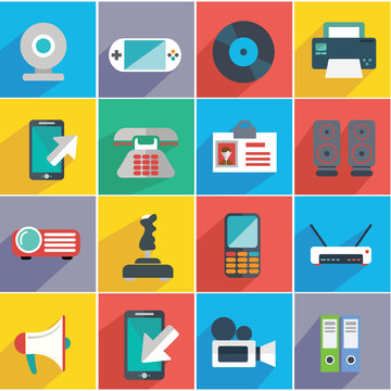 Modern flat icons vector collection with long shadow effect in stylish colors of web design objects, business, office and marketing items.