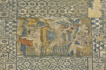 Morocco. Volubilis - archaeological site is on UNESCO World Heritage List. Fragment of mosaic "Diana Bathing" in the House of Venus