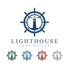 Lighthouse, Ship's Wheel, Circle Logo Design Template