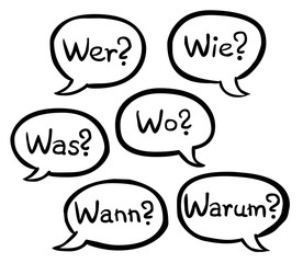 Set Comic-Sprechblasen: Wer? Wie? Was? Wo? Wann? Warum? / Vektor, schwarz-weiß, handgezeichnet, freigestellt