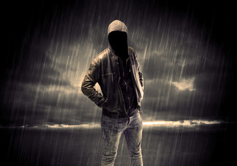Anonymous terrorist in hoodie at night