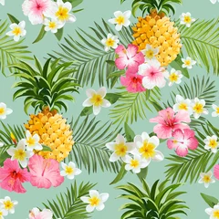 Behang Ananas Tropische bloemen en ananas achtergrond - Vintage naadloze patroon