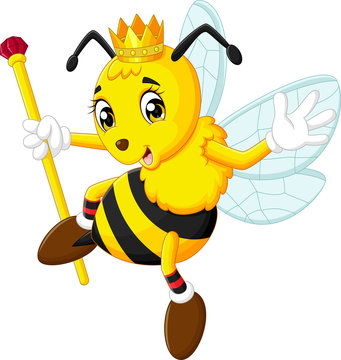 Cartoon Cute Queen Bee Flying Isolated White Background.