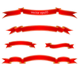 Set of red ribbon banners with gold stripes. Vector illustration