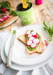 Baguette with green pesto, thin slices of vegan sausage and vegetables. Garnished with fresh daisy. Selective focus.