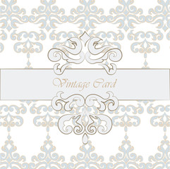 Vintage Invitation card with floral classic ornaments in blue and beige. Vector