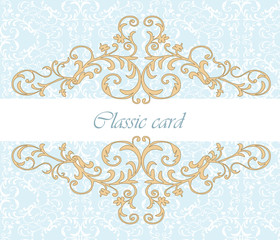 Golden Royal classic ornament damask invitation in blue. Vector